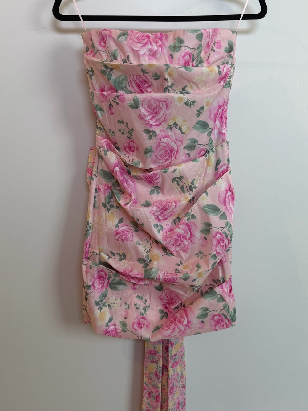 Pink Floral Strapless Mini Dress detachable bow Size Large ( juniors )
